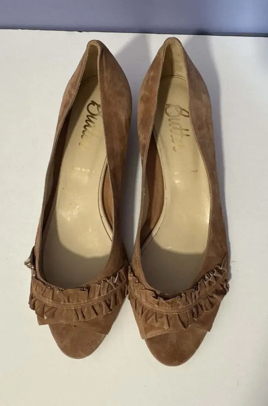 Butter Shoes Suede Ruffle Peep Toe Kitten Wedge Pumps Tan